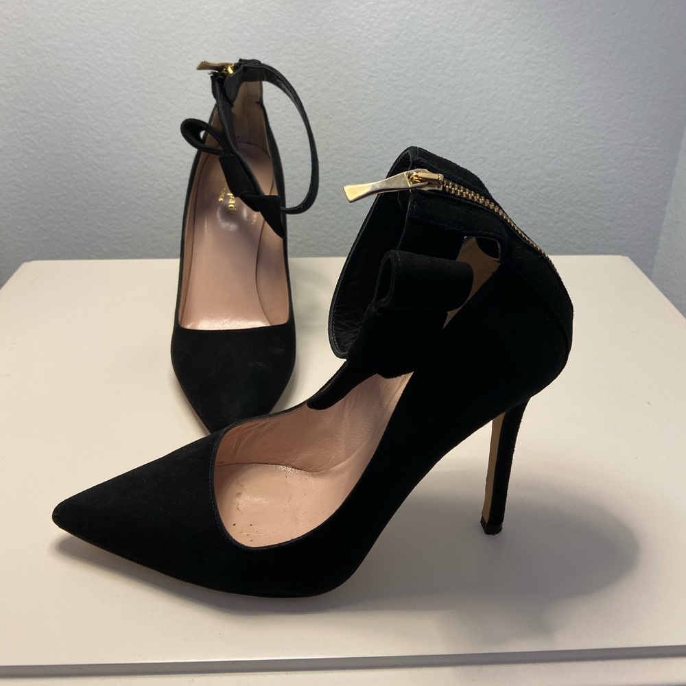 Kate Spade Black Suede Heels with Ankle Bow Zipper